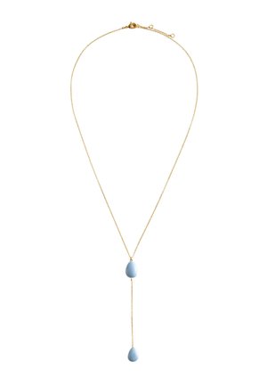 Delicate gold chain necklace with two light blue teardrop-shaped pendants, one at the center and one hanging below on a thin gold chain.
