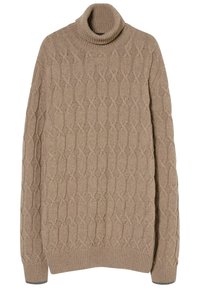 Beżowy sweter z golfem wykonany z fakturowanej dzianiny, z diamentowym wzorem oraz ściągaczami przy mankietach i kołnierzu, zapewniający luźny krój.