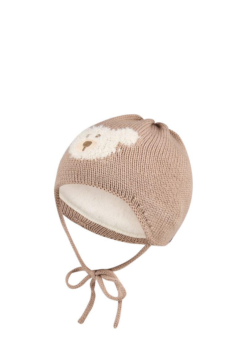Knitted baby hat in light brown with a soft white fleece lining and a bear face design. Secured with ties at the chin for fit.
