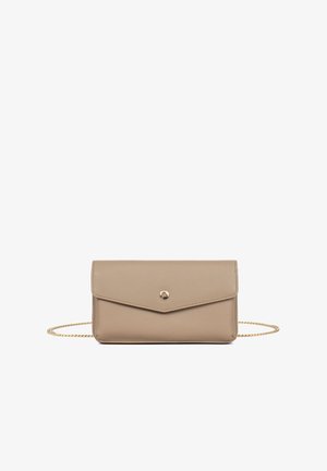 Beige leather clutch bag with an envelope design, gold hardware button closure, and a detachable gold chain strap. Smooth texture, minimalistic.