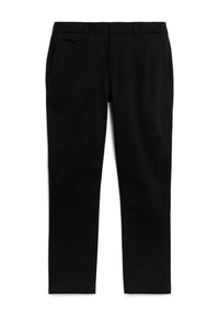 Svarta bomullbyxor med slät textur, avsmalnande ben, två sidofickor och bälteshällor i midjan.