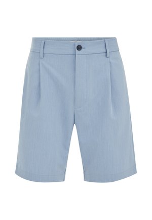 Modre svetlo-modre kratke hlače po meri z sprednjimi gubami, zankami za pas, gumbnim zapiranjem in čisto obrobo.