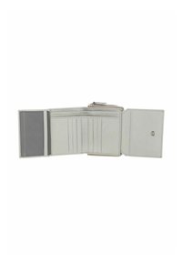 Light gray wallet with a zippered compartment, clear ID slot, multiple card slots, and textured interior. Made of leather-like material.
