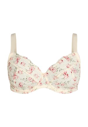 Flødefarvet blonde-BH med pink blomsterprint og justerbare beige stropper, designet til støtte og komfort.