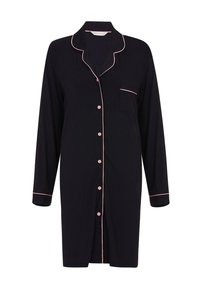 Camisa de noche negra de manga larga con botones y ribete rosa en el cuello, los puños, los botones y el bolsillo del pecho, diseño hasta la rodilla.