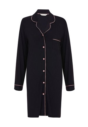 Zwart lange mouwen knoop-down nachthemd met roze piping op kraag, manchetten, knopen en borstzak, knie-lange ontwerp.