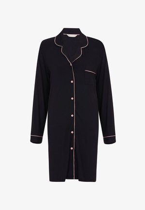 Schwarzes Nachthemd mit langen Ärmeln und Knopfleiste, mit rosa Paspelierungen am Kragen, an den Manschetten, den Knöpfen und der Brusttasche, knielange Ausführung.