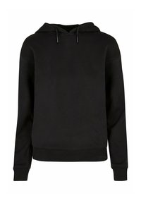 Black hooded sweatshirt made of soft fabric, featuring a kangaroo pocket, ribbed cuffs, and hem, with adjustable drawstrings on the hood.