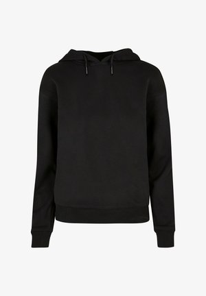 Czarna bluza z kapturem wykonana z miękkiego materiału, z kieszenią typu kangur, ściągaczami przy mankietach i u dołu, oraz z regulowanymi sznurkami w kapturze.