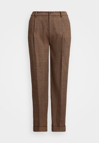 Braune karierte Hose mit tailliertem Schnitt, mit Falten, einem Knopfverschluss und umgeschlagenen Säumen. Texturiert mit orangefarbenen Akzenten.