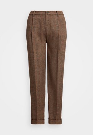 Brown plaid trousers with a tailored fit, featuring pleats, a button closure, and cuffed hems. Textured fabric with orange accents.