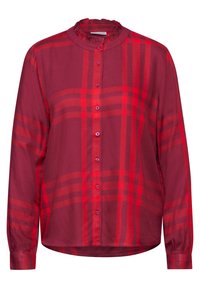 Camicia button-up a maniche lunghe color bordeaux con motivo a quadri rossi, colletto arricciato e polsini con bottoni. Realizzata in tessuto morbido e leggero.