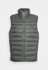 Pufferväst i mörkgrön, med hög krage, framdragkedja och sidofickor. Texturerad yttertyg med quiltat mönster och logotypdetalj.