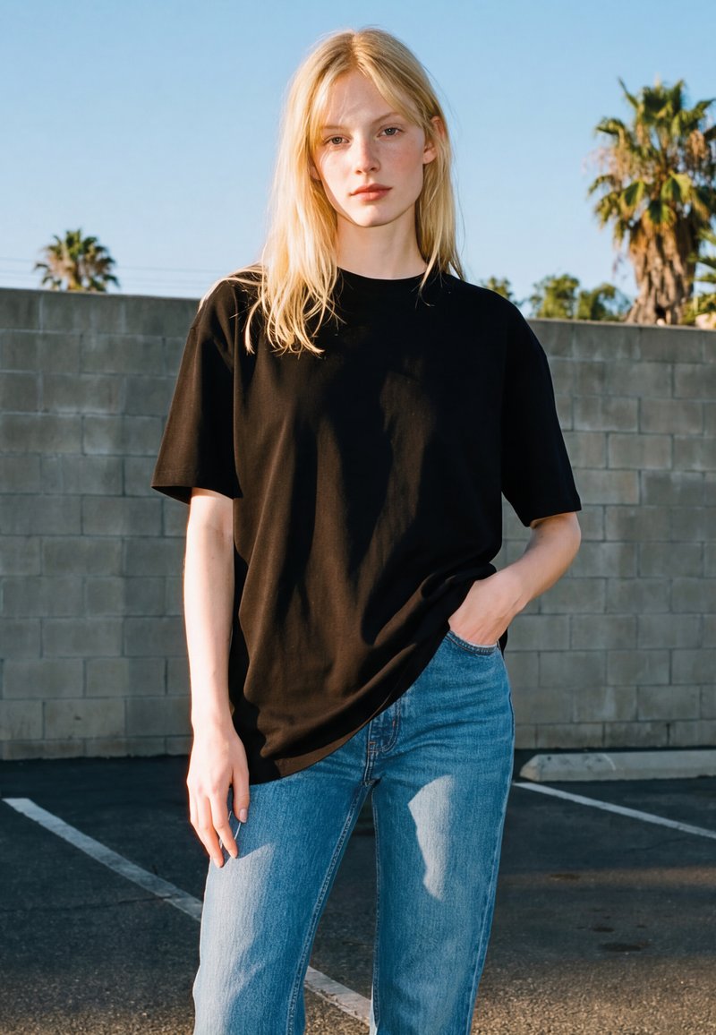 Tânără cu păr blond, purtând un tricou negru larg și blugi albaștri, stând într-o parcare luminată de soare, cu un perete de beton și palmieri în spate.