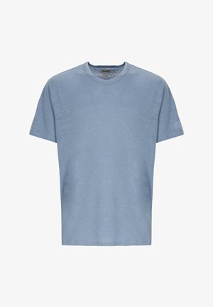 Lichtblauw T-shirt met korte mouwen en ronde hals, zachte stofstructuur en klein geborduurd logo op linkermouw.