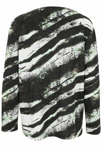 Schwarz-weißes Langarmshirt mit abstrakten grünen und schwarzen Streifen auf dem Rücken. Weicher Stoff mit lässiger Passform.