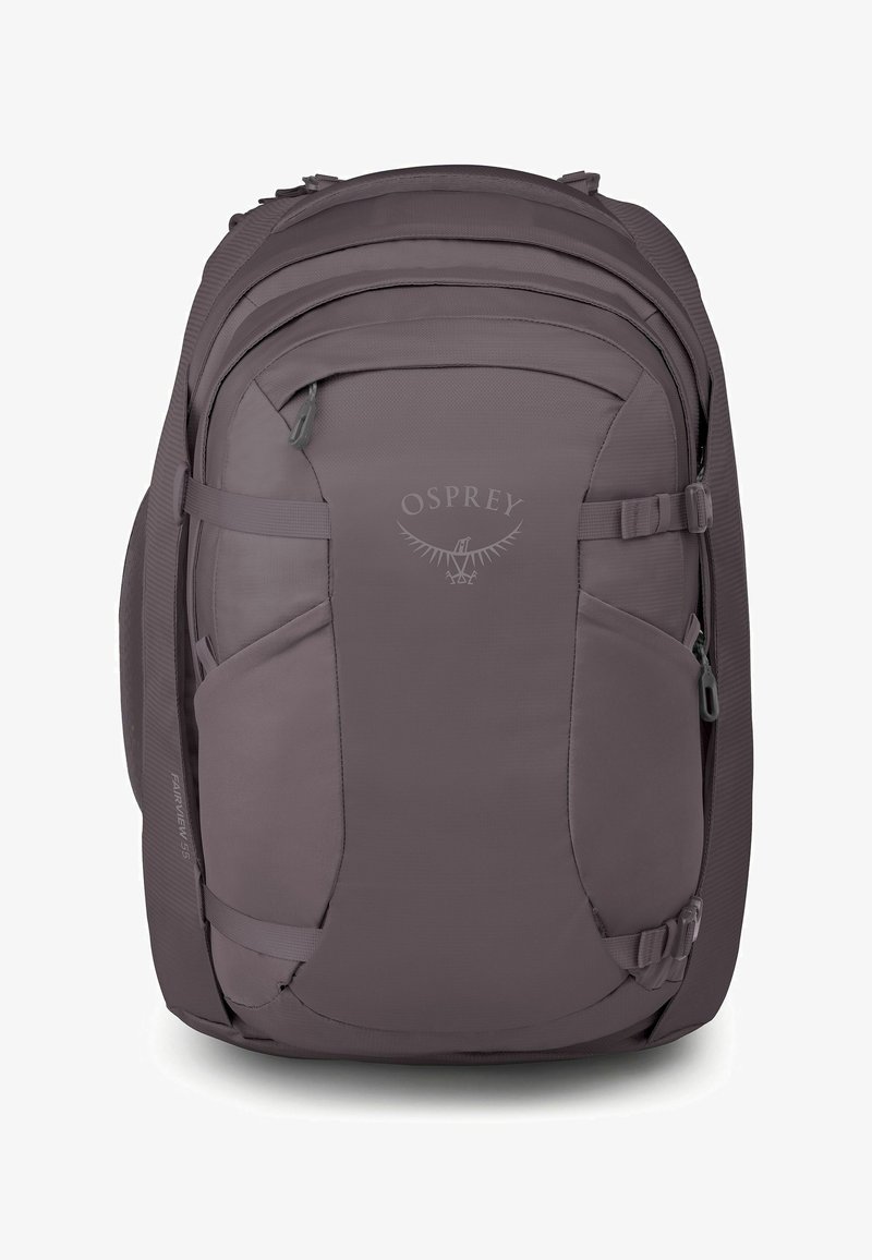 Donkergrijze Osprey-rugzak met meerdere met rits afsluitbare vakken, zijkant compressiebanden en gevoerd achterpaneel.