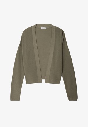 Cardigan côtelé vert olive avec une coupe décontractée, une fermeture ouverte et des manches longues. Sa texture douce et ses lignes épurées mettent en valeur son design minimaliste.