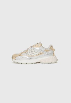 White and metallic gold running shoes with mesh and synthetic upper, padded collar, and textured rubber sole, featuring logo accents.