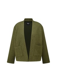 Gequiltede olijfgroene cardigan met een open voorkant, twee opgestikte zakken en een subtiel bladdessine. Gemaakt van zachte, gestructureerde stof.