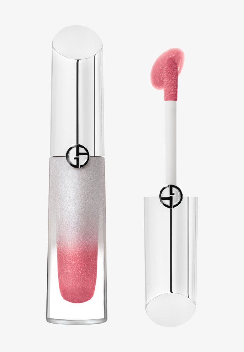 Duidelijke lipgloss in een slanke, zilveren cilindrische tube, met een gradient van transparant naar roze. Inclusief een zachte applicator.