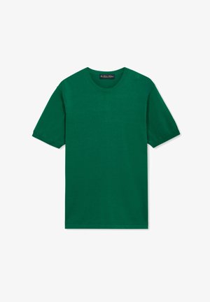 T-shirt verde a maniche corte con scollo tondo, distesa su uno sfondo bianco, vista frontale senza motivi o loghi visibili.