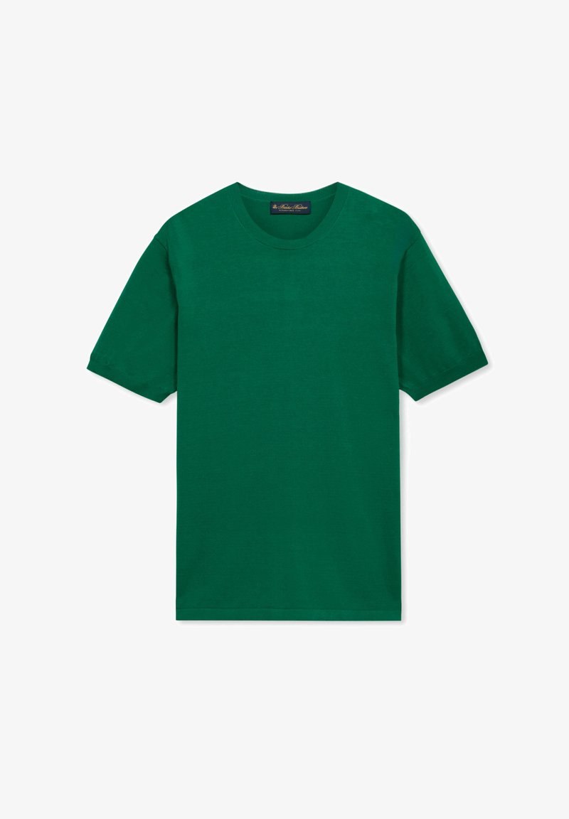T-shirt vert à manches courtes et col ras du cou, étalé à plat sur un fond blanc, vue de face sans motifs ni logos visibles.