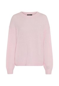 Helles rosa gestricktes Sweatshirt mit Rundhalsausschnitt, überschnittenen Schultern und langen Ärmeln. Verfügt über gerippte Bündchen und Saum für zusätzliche Textur.