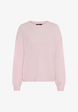 Helles rosa gestricktes Sweatshirt mit Rundhalsausschnitt, überschnittenen Schultern und langen Ärmeln. Verfügt über gerippte Bündchen und Saum für zusätzliche Textur.