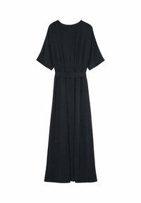 Zwarte maxi-jurk met een ronde hals en korte mouwen, met een geraffineerde taille en een vloeiende rok. Gemaakt van een lichtgewicht stof.