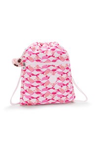 Ryggsäck med dragsko i rosa tyg som har ett vågmönster i olika nyanser, med en framficka med dragkedja och en dekorativ pom-pom charm.