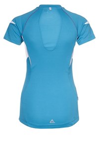 Modrá sportovní tričko s krátkým rukávem, texturovaná tkanina, síťovaná zadní panel a reflexní prvky. Má přiléhavý design a štítek na límci.