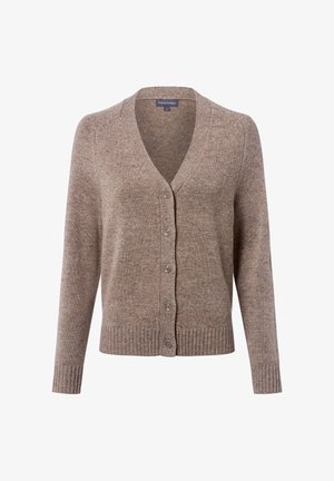 Lichtbruine cardigan van gebreid materiaal met textuur, voorzien van een V-hals, knopen aan de voorkant en geribde manchetten en zoom. Subtiele gespikkelde details overal.