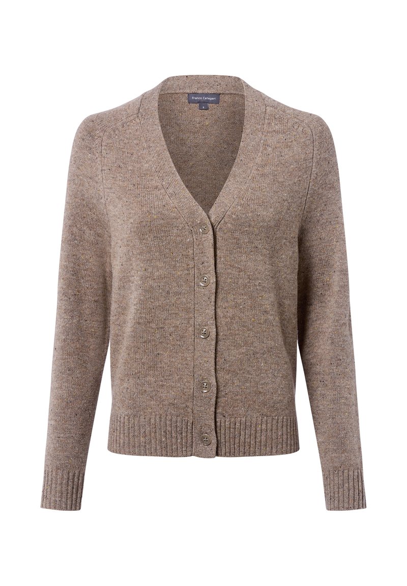 Hellbrauner Cardigan aus strukturiertem Strickmaterial, mit V-Ausschnitt, durchgehender Knopfleiste und gerippten Bündchen und Saum. Dezente gesprenkelte Details überall.