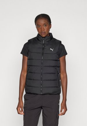 Black padded vest with high collar, front zip closure, and side pockets. Features Puma logo on the left chest. Textured finish.