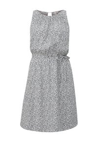 Robe sans manches mi-longue avec motif floral bleu clair et noir, encolure froncée et ceinture nouée à la taille sur fond uni.