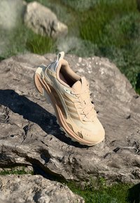 Bež i smeđi trail trkački tenisice na sivoj stjenovitoj površini s zelenom travom u pozadini, ističući njezin robusni potplat i detalje dizajna.
