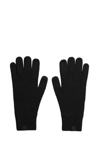 Czarne dzianinowe rękawiczki z pięcioma palcami, żebrowanymi mankietami i gładką fakturą. Prosty design bez widocznych wzorów lub ozdób.