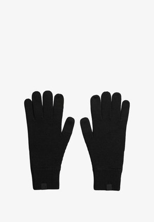 Guantes de lana negros con cinco dedos, puños acanalados y una textura suave. Diseño simple sin patrones o adornos visibles.