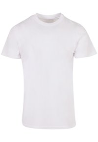 White cotton T-shirt with short sleeves, round neckline, and a smooth texture. Basic design, no visible patterns or accents.