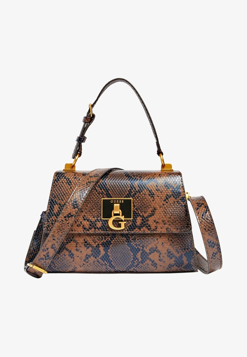 Brązowo-czarna torebka w wzór wężowej skóry o strukturalnym kształcie, z złotymi okuciami i wyraźną plakietką z logo. Dołączony odpinany pasek na ramię.