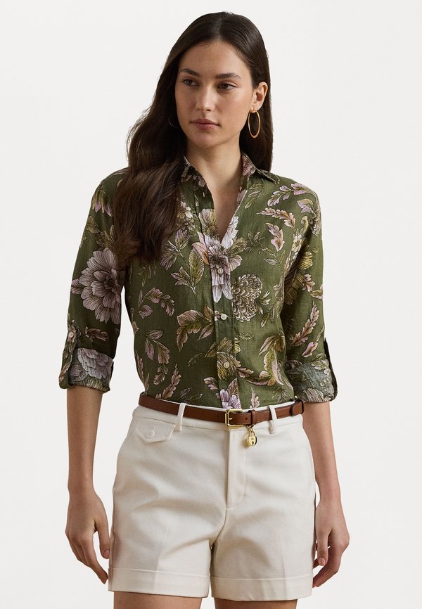 RELAXED FIT FLORAL LINEN SHIRT - Button-down blouse - olive