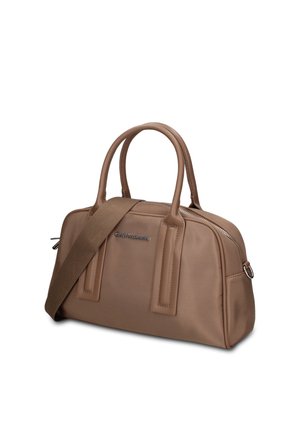 Braune Lederhandtasche mit Doppelgriffen, abnehmbarem Schulterriemen und einem Reißverschluss oben.