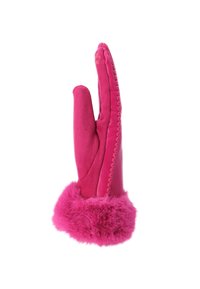 Guanto invernale rosa con polsino peloso, texture in pelle cucita e scamosciata, progettato per la mano sinistra.