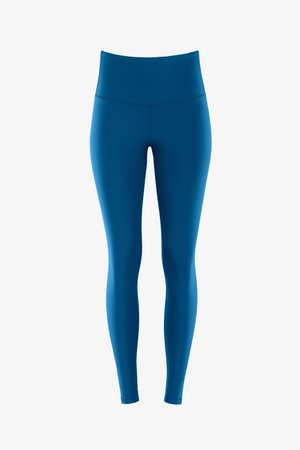 Leggings taille haute en teal fabriqués dans un tissu extensible. Texture lisse avec des coutures renforcées, des jambes fuselées et sans motifs ni accessoires visibles.