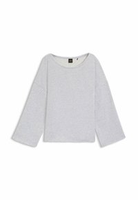 Hellgrauer Sweatshirt mit langen Ärmeln, weitem Ausschnitt, überschnittenen Schultern und rohem Saum. Hergestellt aus weichem, strukturiertem Stoff.