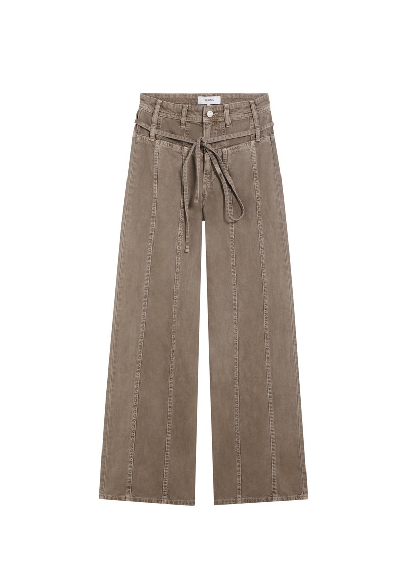 Pantalones de pierna ancha en color topo, con una cintura ajustable mediante cordón, líneas de costura verticales y una tela suave y texturizada.