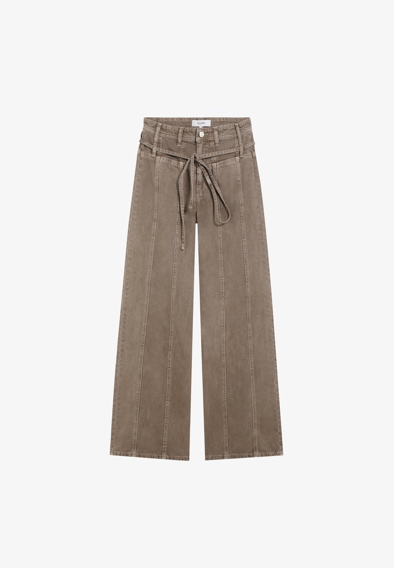 Wijd uitgesneden broek in taupe kleur, met een trekkoord in de taille, verticale stiklijnen en een zachte, gestructureerde stof.