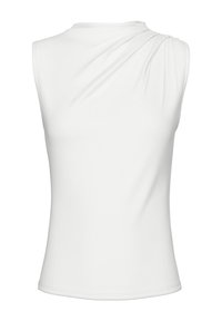 Biały top bez rękawów z drapowanym wzorem na ramieniu i gładką, dopasowaną fakturą. Kończy się prostym dołem na wysokości talii.