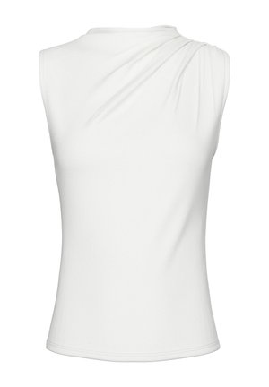 Haut blanc sans manches avec un drapé sur l'épaule et une texture lisse et ajustée. Se termine par un ourlet droit à la taille.